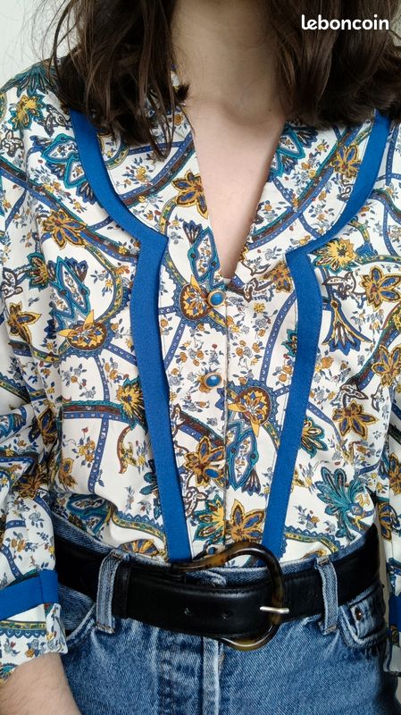 Blouse bleue blanc vintage col volanté imprimé folk bohème 70s 80s (image 4)