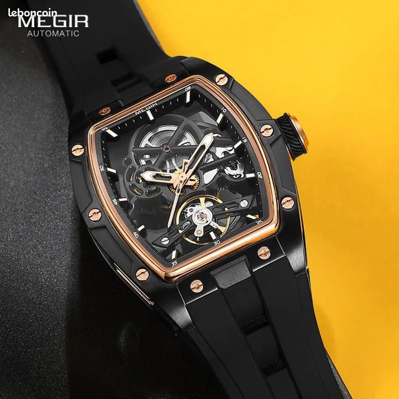 ✅ Montre MEGIR Automatique Homme – Cadran Tonneau – Sport & Élégance – Bracelet Silicone Noir (image 2)