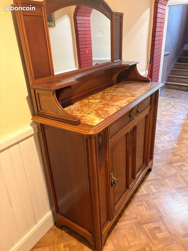 Buffet desserte Art Nouveau — bois sculpté, marbre, miroir — vers 1900 (image 8)