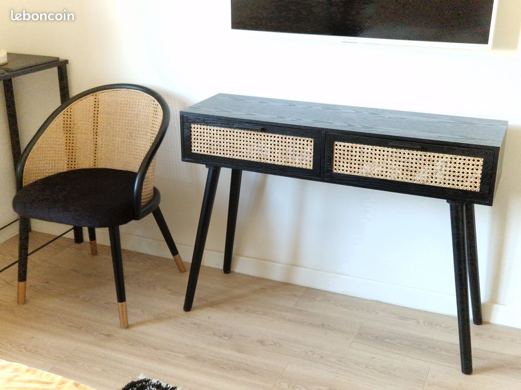 Console noire en bois et cannage 2 tiroirs (image 2)
