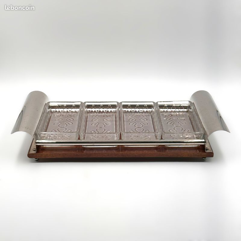 PLATEAU DE SERVICE en verre et bois peint A La Main Art Déco Décor