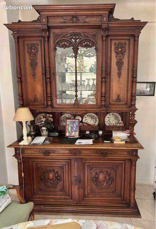 Meuble Ancien Buffet Bas 2 Portes 2 Tiroirs - Chêne Style Shabby Chic Blanc - Très Bon état