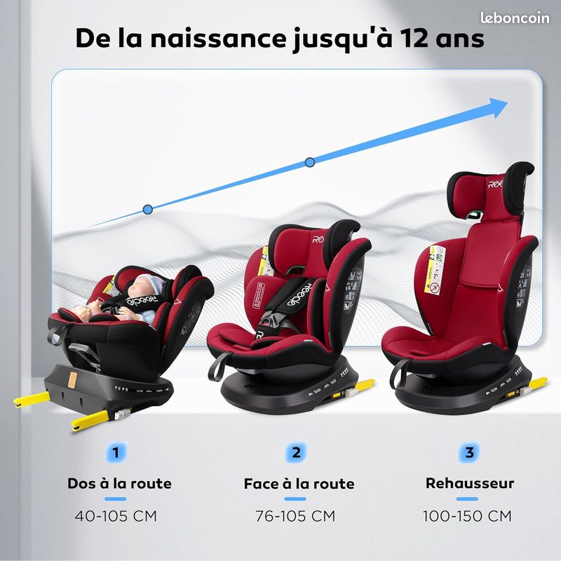 Siege auto NEUF Reecle i-Size Siège Auto 360 Pivotant ISOFIX 40-150 cm, de la naissance à 12 ans (0-36 kg), ECE R129 (Rouge) (image 2)