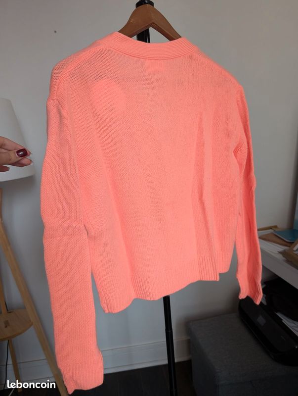 Cardigan Femme Tricoté Main Vintage Orange Corail - Taille M, Col Rond Avec Boutons, Acrylique