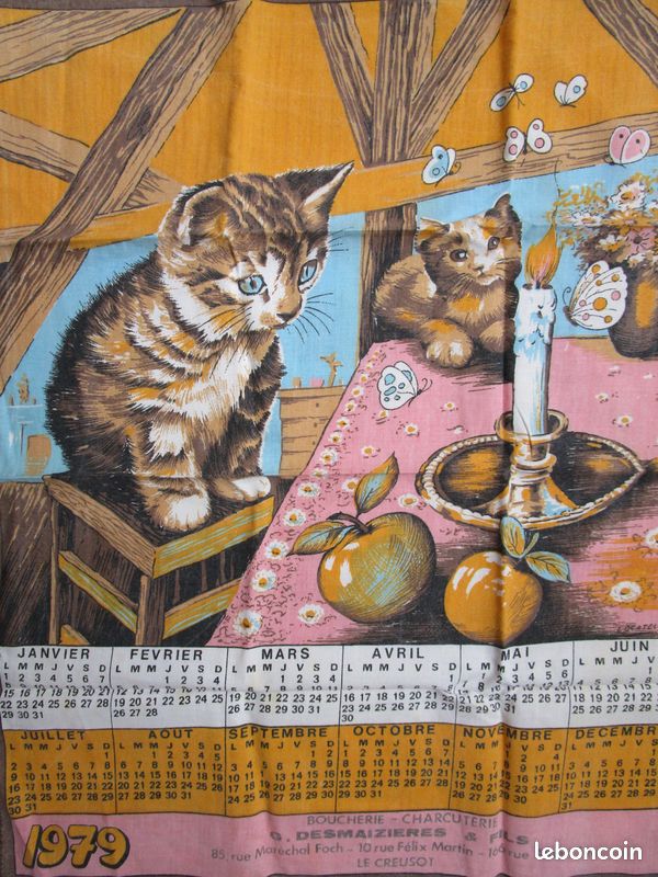 Lot De 3 Torchons Vintage Calendriers 1972 1974 - Animaux Fleurs Orange - France