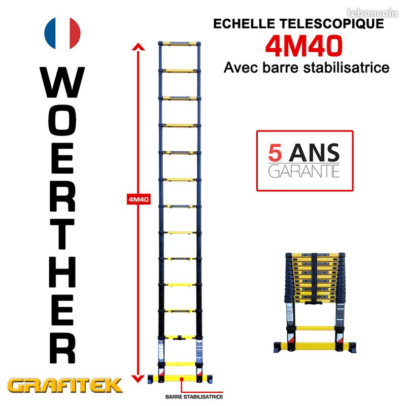 échelle télescopique Woerther 4m40 avec de Garantie 5 ans, en alu 7075T6- Promo 159 Euros au lieu de 319 Euros La plus stable et rigide du marché- échelle pliable échelle pliante escabeau télescopiq (image 1)