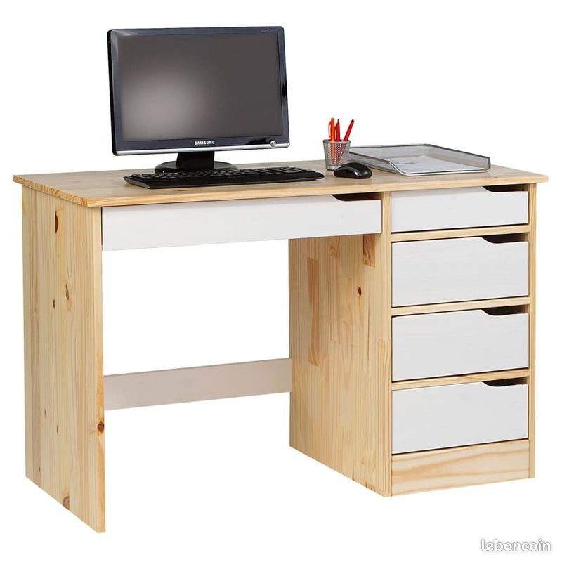 Bureau + Rangement Tiroirs Scandinave Blanc Bois Pin Chambre (image 1)