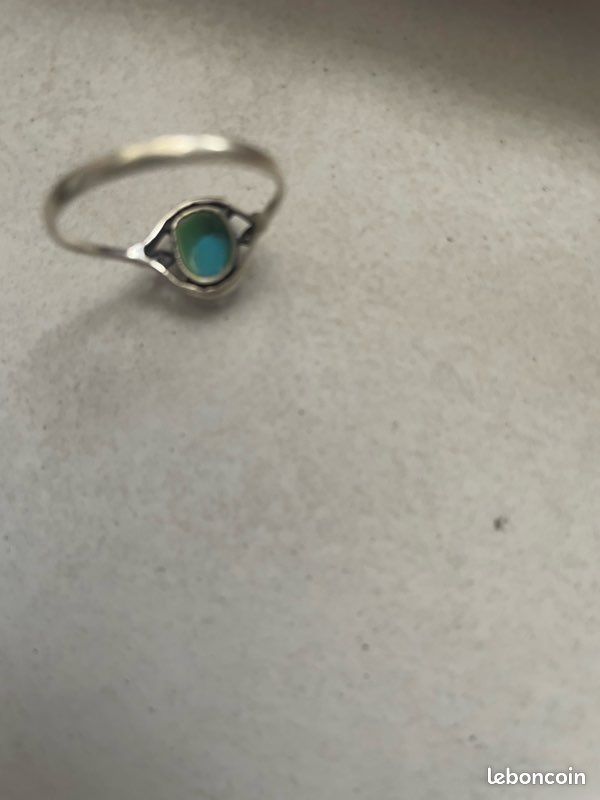 Bague En Argent Massif Avec Navette Et Turquoise - Taille 50 - Bijou Ethnique Vintage