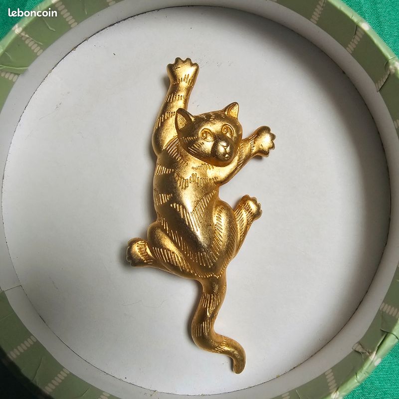 Broche Vintage Chat Signée Gontie - Dorée, Métal, Fabrication Française, Occasion