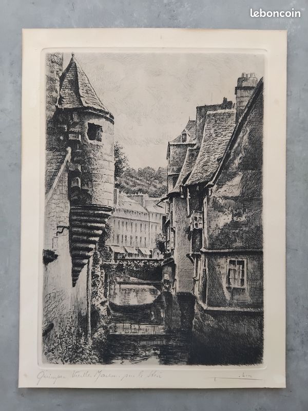 Gravure - Quimper, vieilles maisons sur le Steïr - Signé ROBIN (image 1)