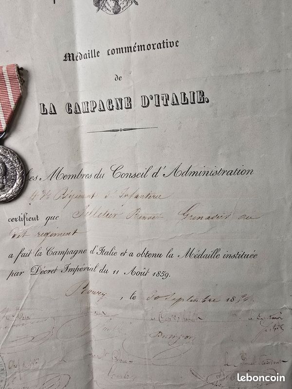 Diplôme médaille Italie 1859 Napoléon III 43e RI militaria (image 3)