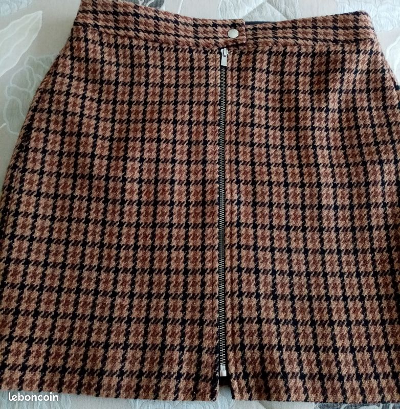 Jupe Caroll Marron Foncé En Laine Mixte Taille 46 - Occasion Très Bon état - Style Crayon