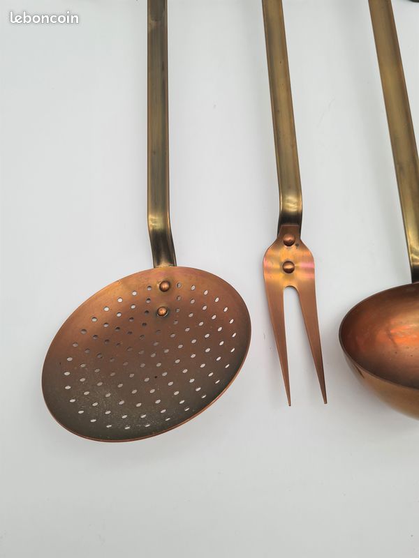 Ustensiles en cuivre et laiton, avec barre support, Déco cuisine Vintage - J38 (image 5)