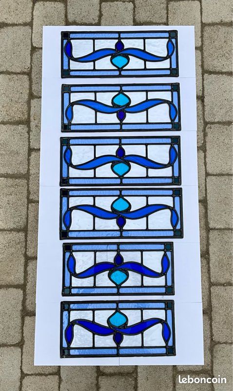 Ensemble de 6 vitraux anciens Art Nouveau en verre au plomb vers 1900 (image 1)