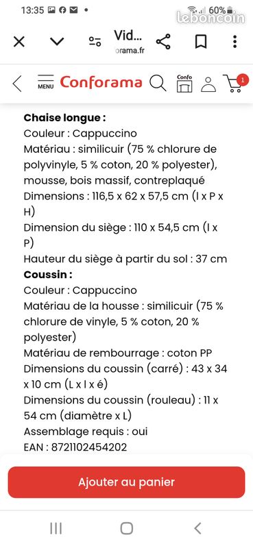 Chaise longue simili cuir avec coussins (image 2)