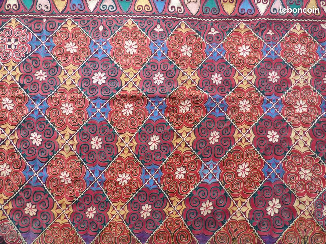 Tapisserie Textile ancien, broderie gujrati, fil de soie indien banjara, tapisserie tribale, décoration murale brodée de perles des années 40 à 50 - France