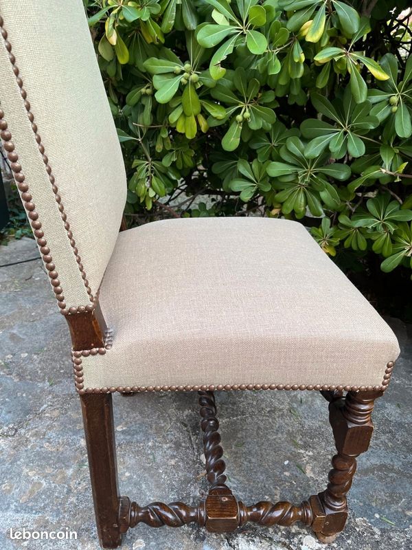 Lot 4 chaises style Louis XIII (torsadées), noyer et lin clouté (image 4)
