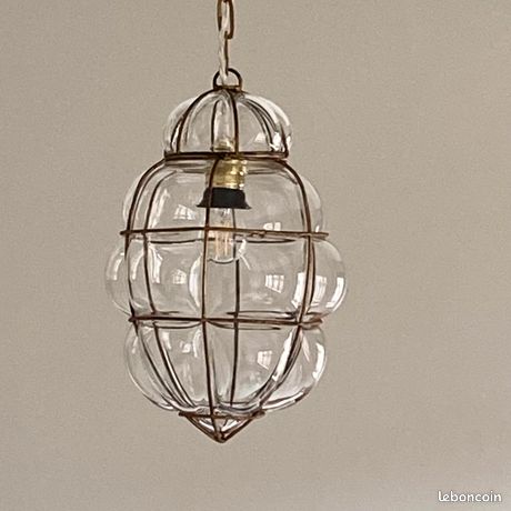Suspension lustre verre en cage transparent lanterne vénitienne Murano ancienne
