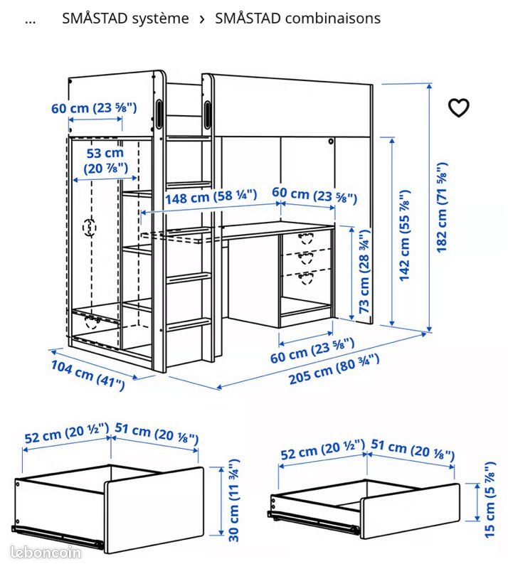 Lit mezzanine +banc coffre + 3 armoires IKEA samstad (image 1)