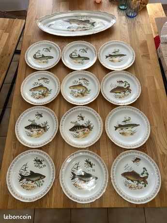Lot De 12 Assiettes à Poisson En Porcelaine De Limoges – Authentiques, Motif Poissons, Modèle 237