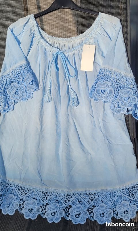 Blouse bleu dentelle (image 1)