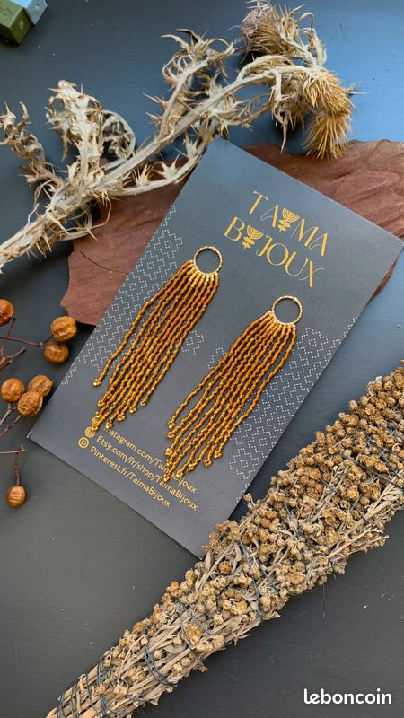 Boucles d'oreilles à franges oranges et dorées 24ct en perles japonaises style boheme (image 1)