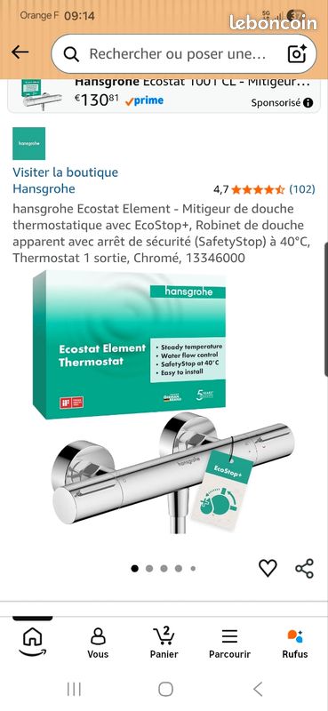Mitigeur Thermostatique douche hansgrohe ecostat element neuf ref:13346000 (image 2)