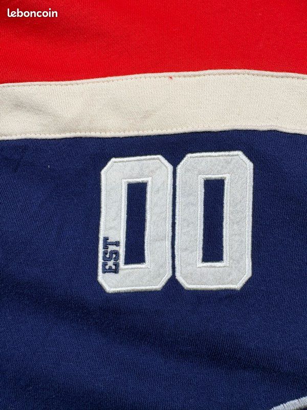 Sweat Tultex Vintage Années 90 XL Bleu Marine Brodé Hockey Délavé Déstressé