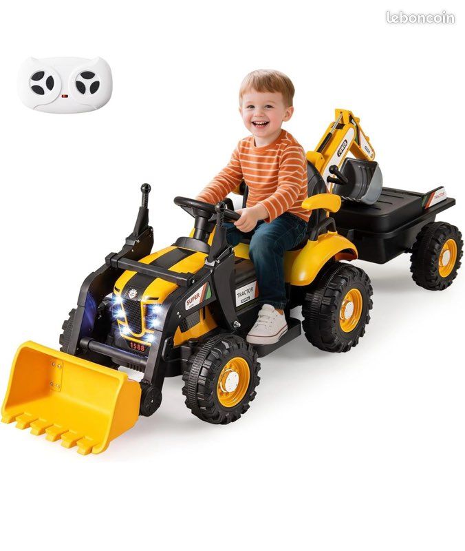 Tout neuf 4 en 1 Tracteur pour Enfant avec 6 Roues, Remorque Amovible, Pelle, Seau, Télécommande, LED et Musique, 3 Ans+, Jaune (image 1)