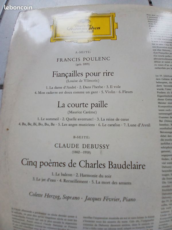 Disque vynile de musique contemporaine, Francis Poulenc et Claude Debussy, interprété par Colette Herzog et Jacques Février (image 2)