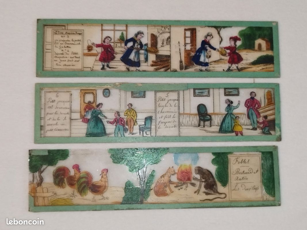 5 Plaques De Verre Pour Lanterne Magique - Conte Le Petit Poucet - Vintage