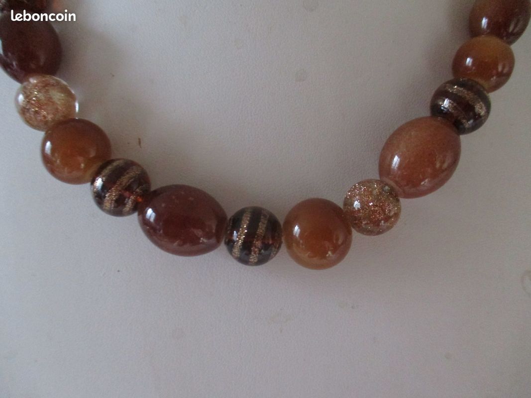 Collier Perles Ambre Et Perles De Verre - Longueur 66-70 Cm - Occasion
