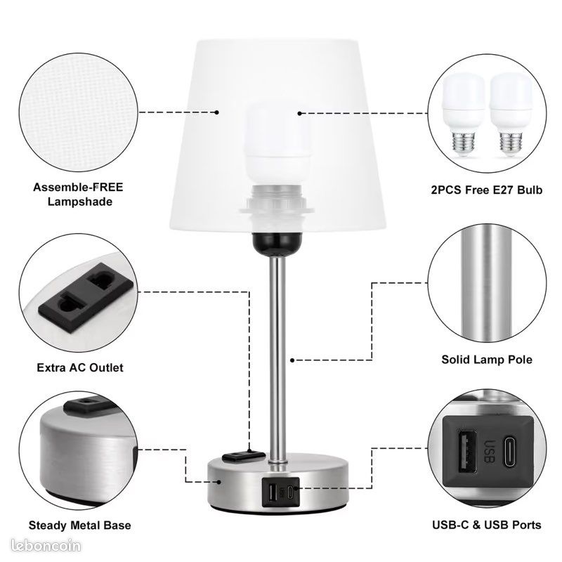 Lampes de chevet tactiles dimmables 3 niveaux avec ports USB-A+C & 2 prises – Blanc lot de 2 (image 3)