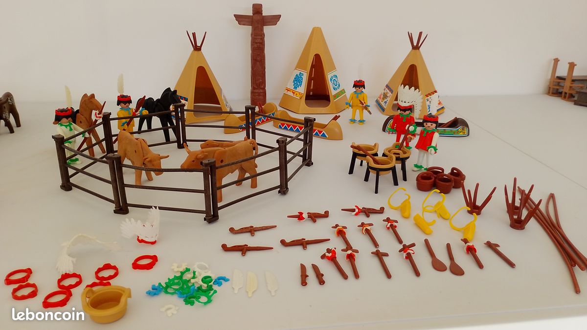 Set Playmobil Vintage Western Indiens 3328 - Année 1985, Avec Canoë, Chariot, Tipis Et Figurines