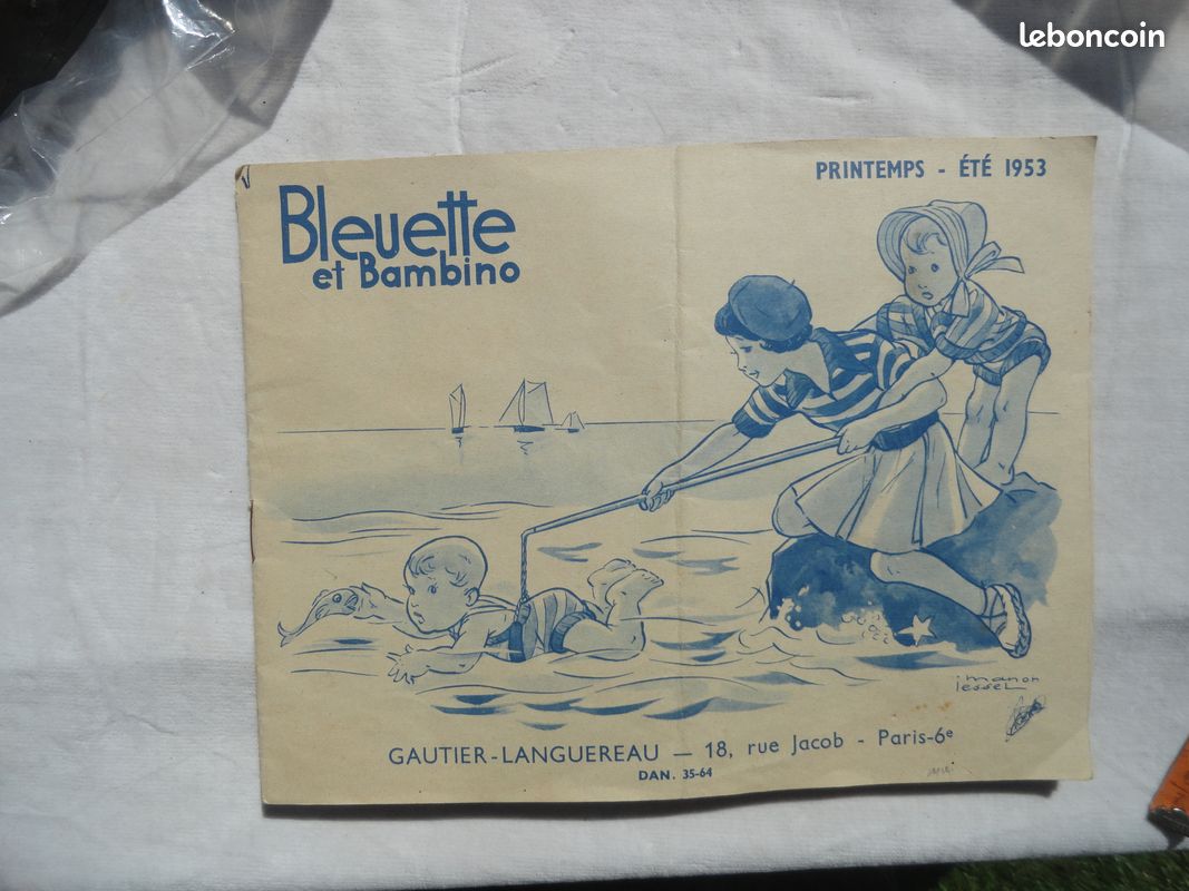 Authentique poupée Bleuette ancienne 1940-1945 robe rayée