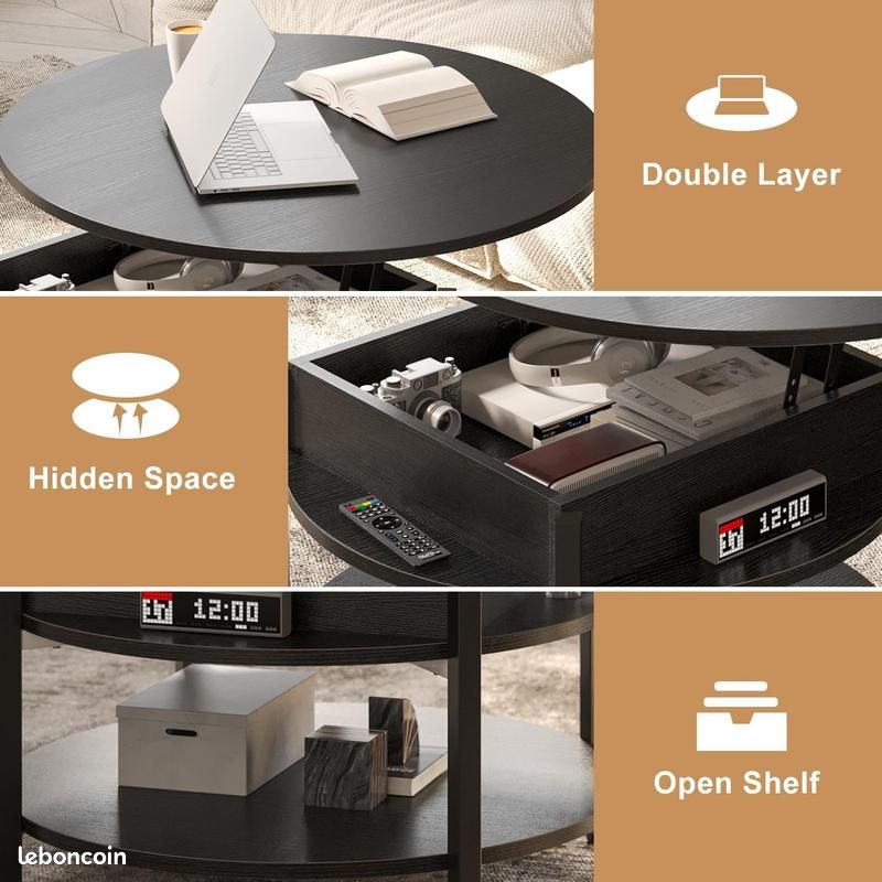 Table Basse Ronde Relevable 70x70x50 Cm Blanc + Gris - Avec Rangement Et Plateau Levant