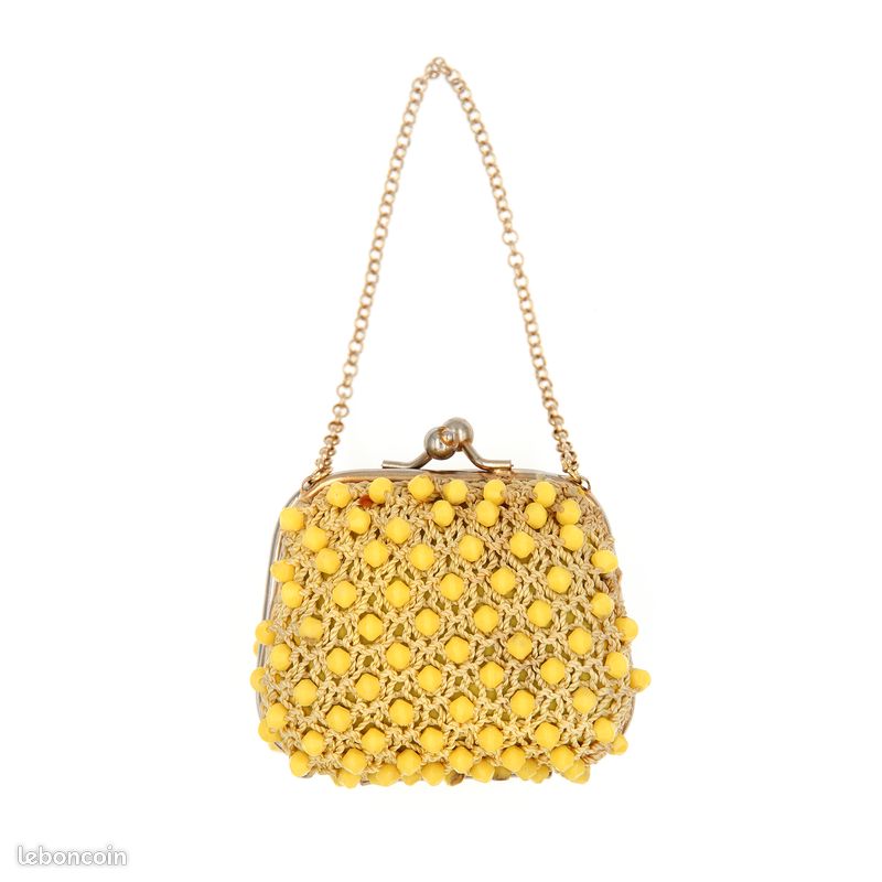 Porte-monnaie Vintage Années 60 en Perles Jaunes Citron, Fermoir Doré, Chaînette Amovible, Accessoire Rétro Élégant (image 7)