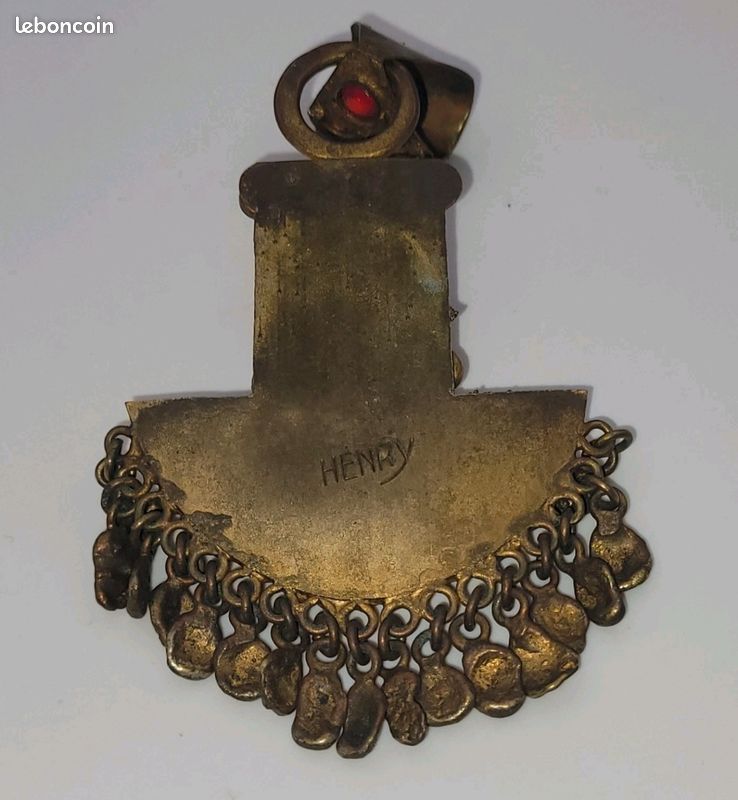 Collier Pendentif Crucifix Style Byzantin Henry Perichon, Doré Et Cabochons De Verre, Occasion