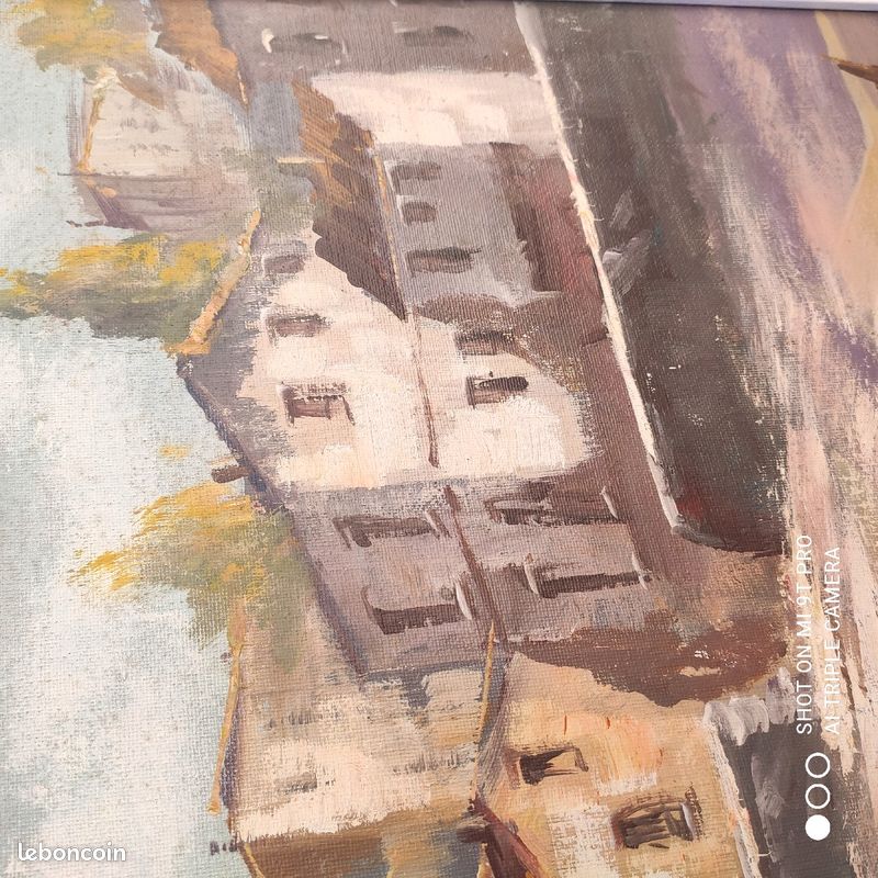 Grand Tableau peinture huile sur toile signée "port de pêche" (image 3)