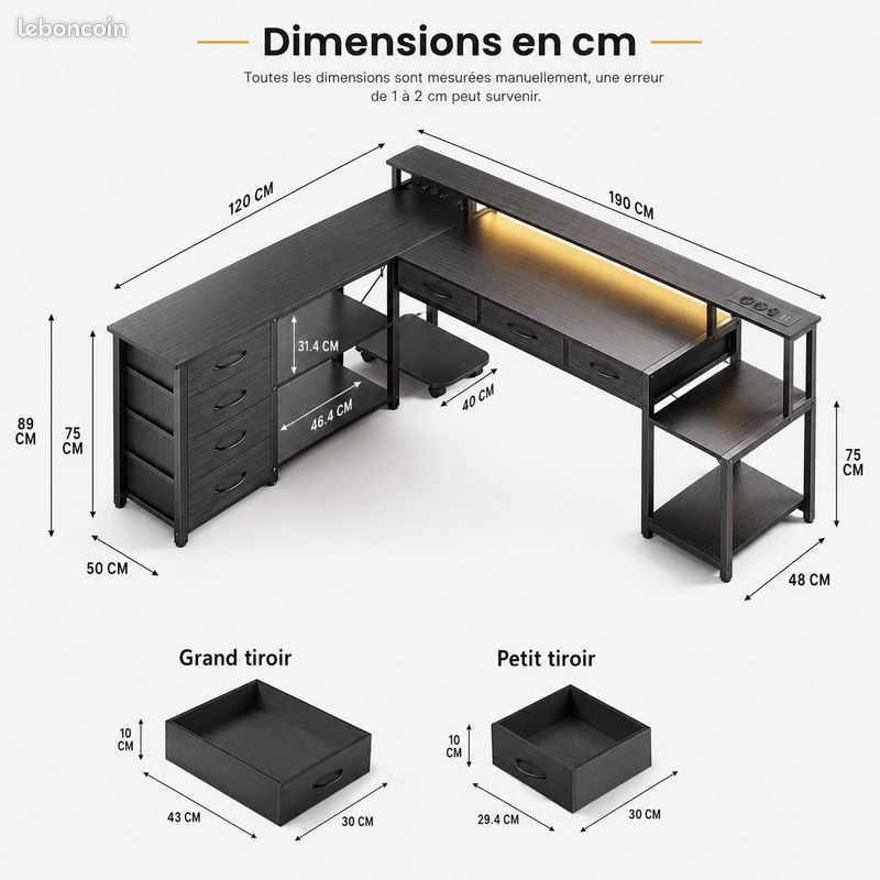 Bureau gamer 200cm L réversible LED prises USB setup gaming complet (image 6)
