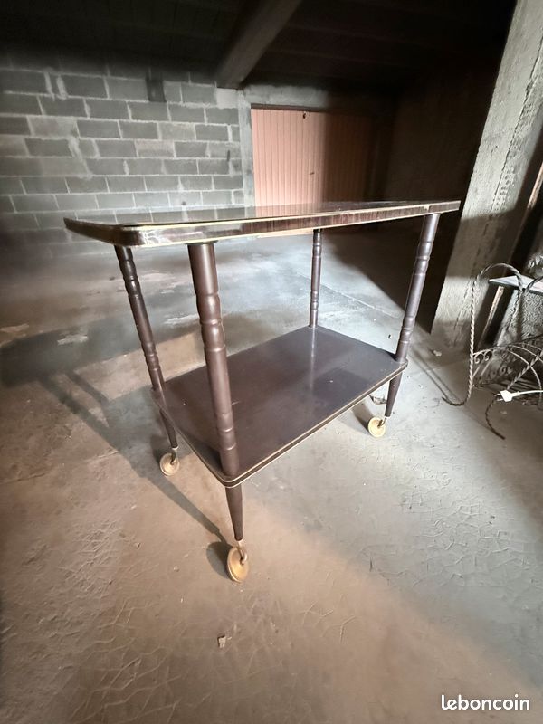 Desserte double plateau en palissandre sur roulettes – Meuble TV (image 1)