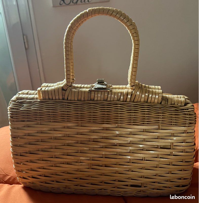 Sac à Main Vintage En Osier Et Rotin – Anse Cuir Marron, Style Cartable, Couleur Aqua
