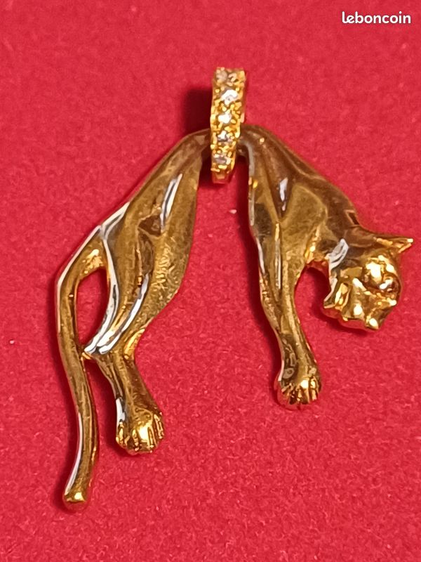 Pendentif Panthère Vintage Sur Chaîne Longue Dorée - Alliage - XXème Siècle - Occasion