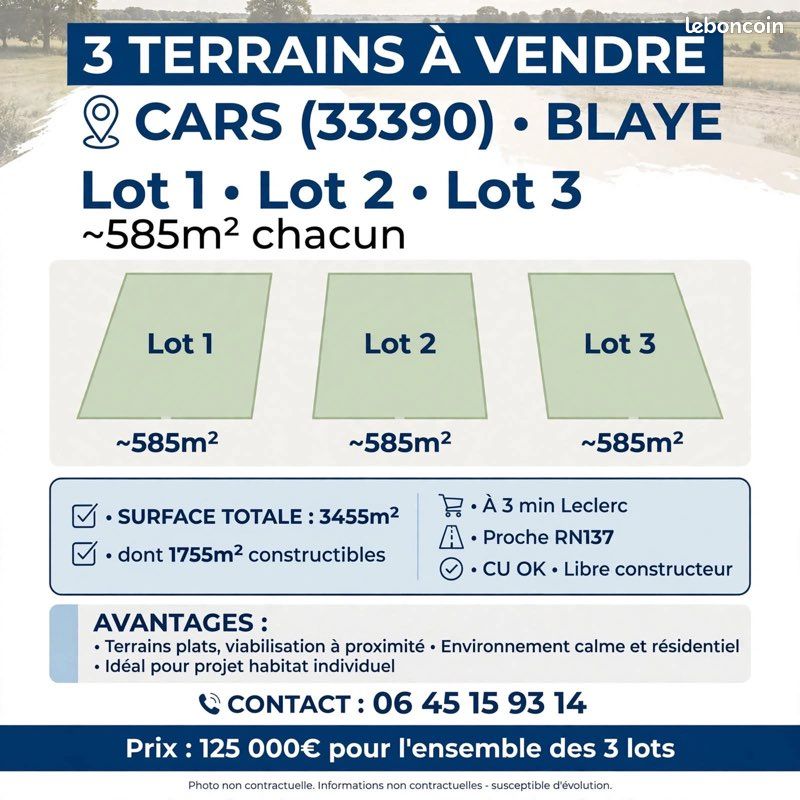 Vends 3 terrains constructibles · à Cars · 125 000 €