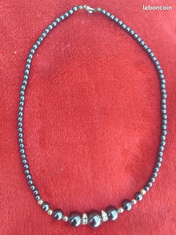 Collier Mi-long Hématite Gris Anthracite - Perles Rondes 4 à 10mm - Vintage
