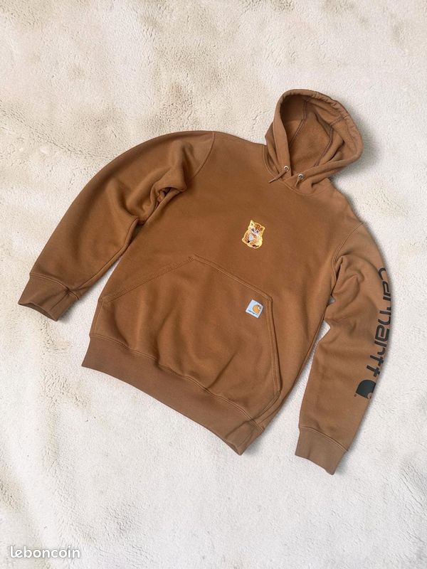 Sweat à Capuche Carhartt Marron Carhartt Brown Customisé Chat - Taille XS (image 1)