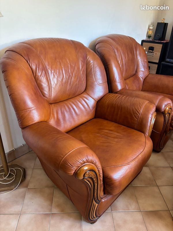 Ensemble canapé - 2 fauteuils cuir marron (image 4)