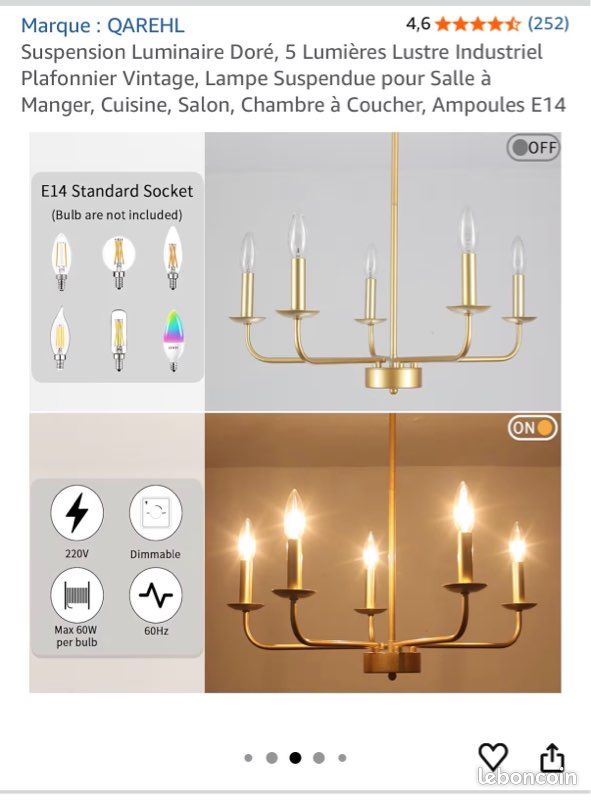 QAREHL Lustre doré à 6 ampoules - Moderne - Lampe de salon suspendue - Culot E14 - En métal - Vintage - Pour salle à manger, chambre à coucher, cuisine, couloir
