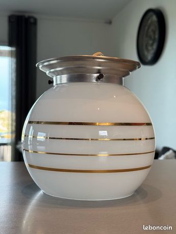 Joli Plafonnier Vintage Bronze Doré Et Pâte De Verre Blanche - 1 Luminaire