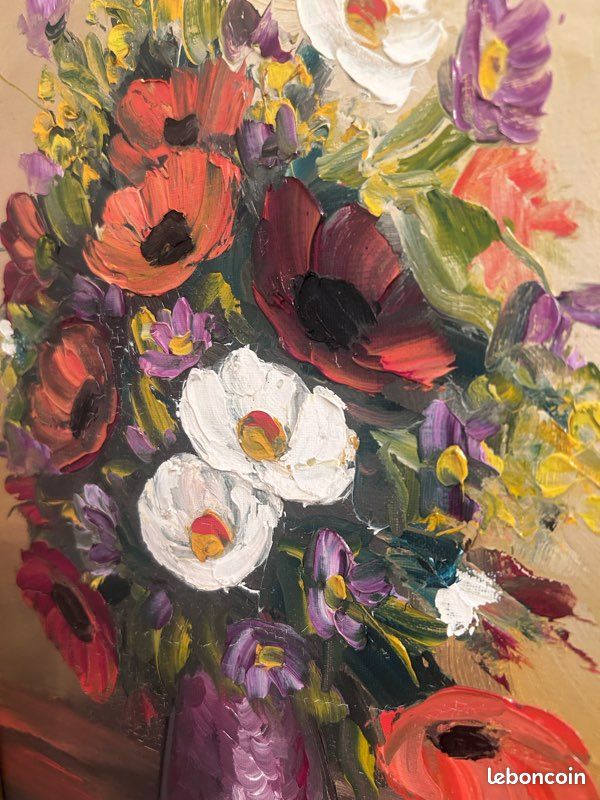 Tableau nature morte – Bouquet de fleurs, huile sur toile signée, cadre sculpté doré (image 2)